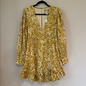 Anthropologie Mustard Floral V-Neck Long Sleeve Tiered Dress